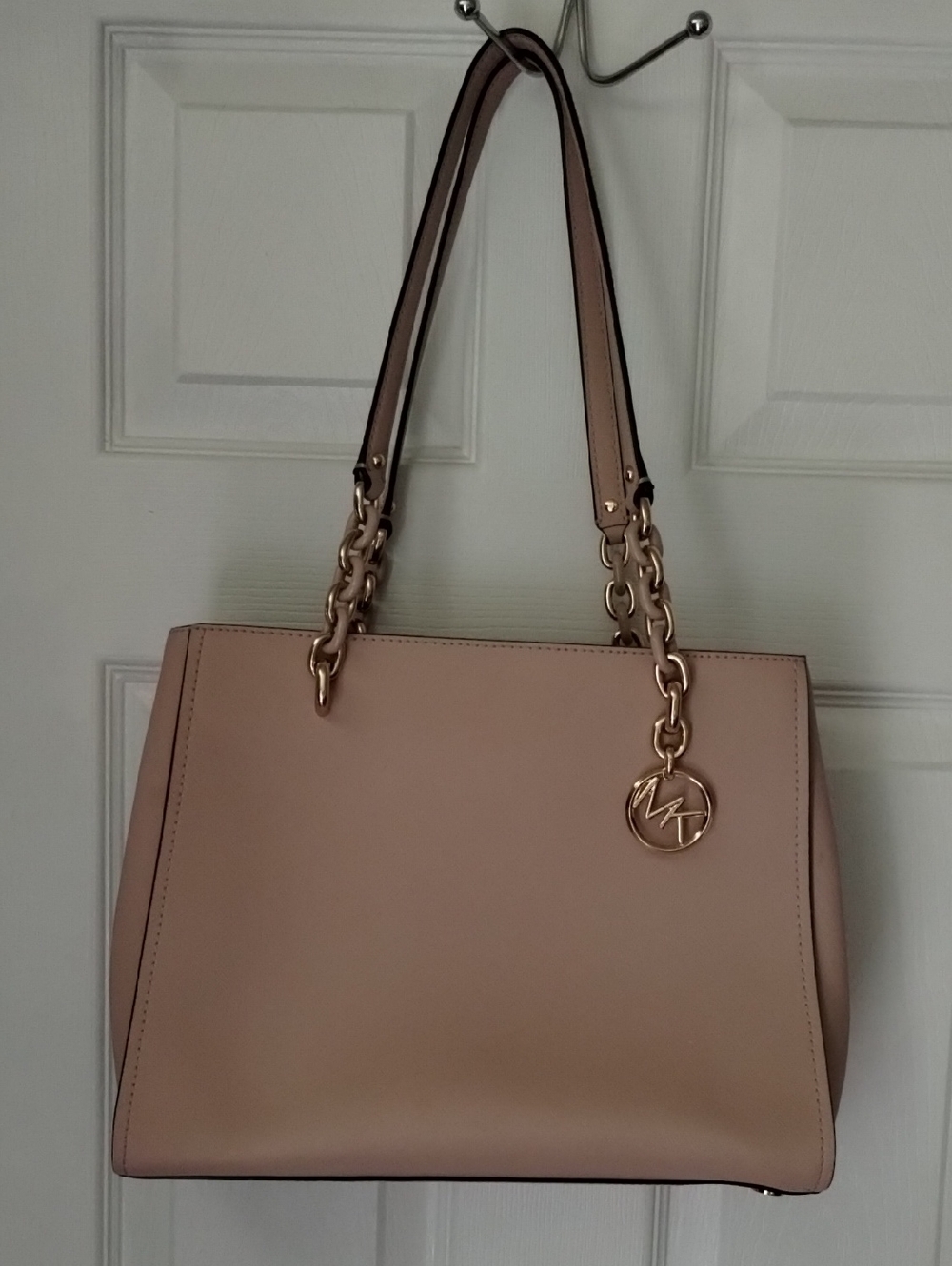 Michael Kors Sofia Large Saffiano Leather Tote Blush Pink Gold Chain Bag